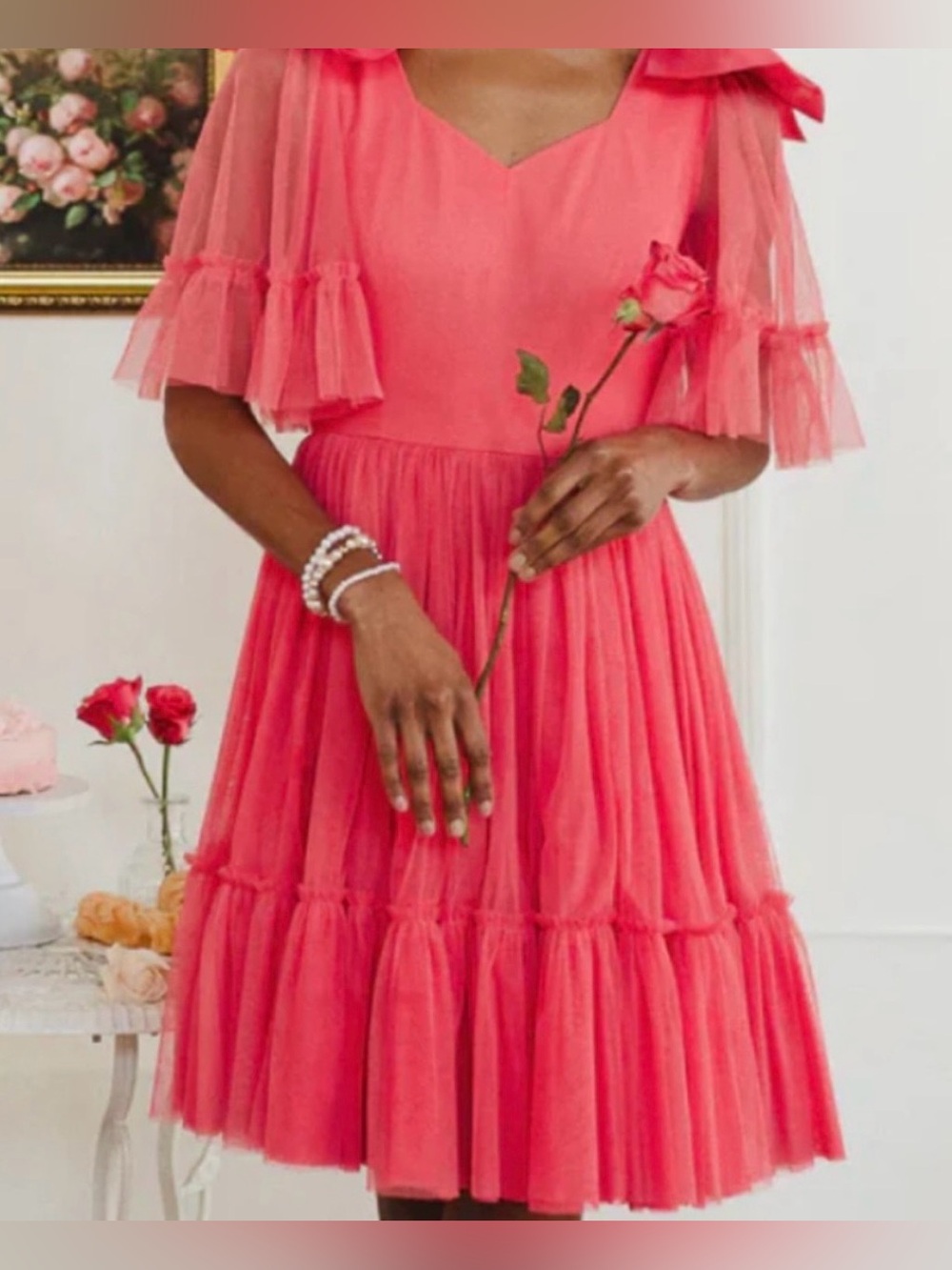 NWT Ivy City Co. Serine Tulle Flare Hem Knee Length Dress Hot Pink Size Large